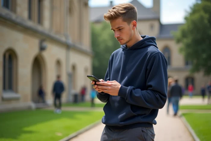 Étudiant consultant les résultats du baccalauréat second groupe sur son smartphone devant un campus universitaire