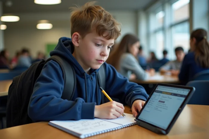 Étudiant utilisant une tablette pour accéder à sa classe virtuelle dans une cafétéria scolaire