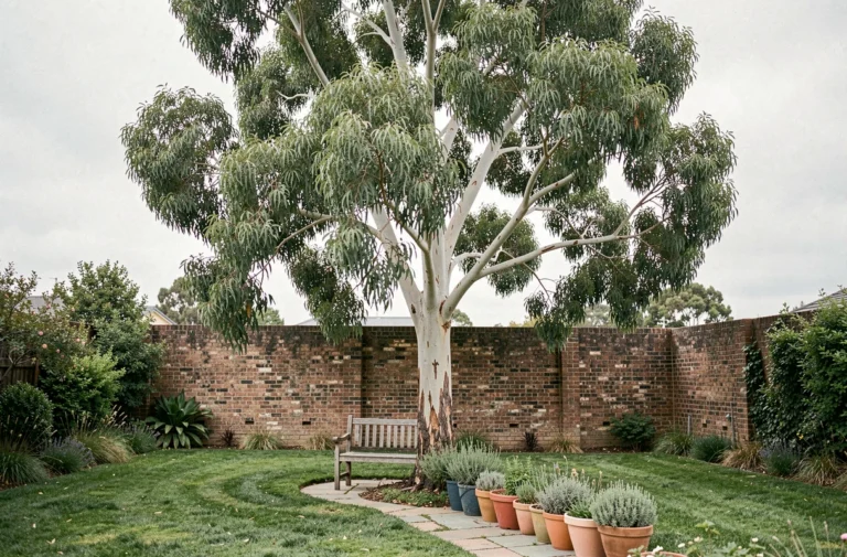 Eucalyptus mature dans un jardin résidentiel avec banc en bois, plantes aromatiques et allée en pierre, arbre naturellement répulsif aux moustiques