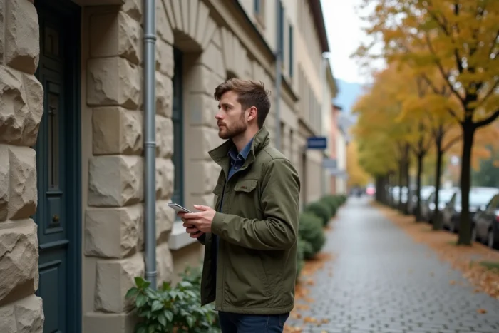 Homme évaluant un immeuble résidentiel traditionnel à Lausanne en automne