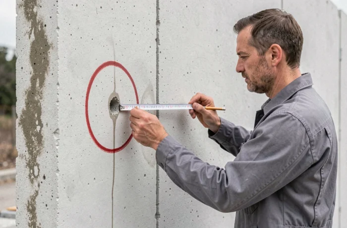 Artisan vérifiant l'espacement entre deux perçages sur un mur en béton cellulaire en évitant une zone humide marquée