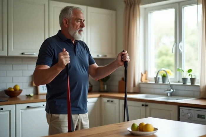 Homme senior faisant des exercices avec élastique de résistance dans une cuisine à domicile