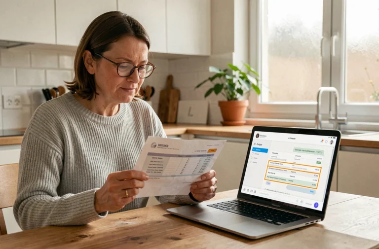 Femme d'une quarantaine d'années analysant une facture papier avec l'aide d'une interface IA sur ordinateur portable dans une cuisine moderne