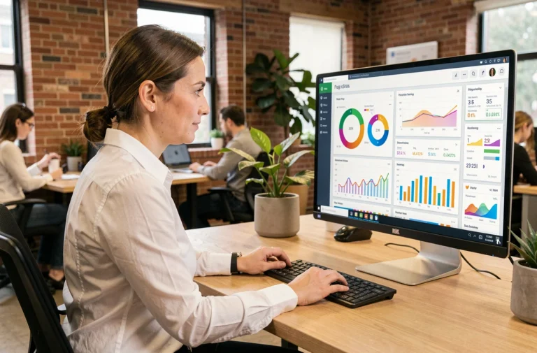 Femme professionnelle analysant des statistiques de présence digitale sur un écran dans un bureau moderne