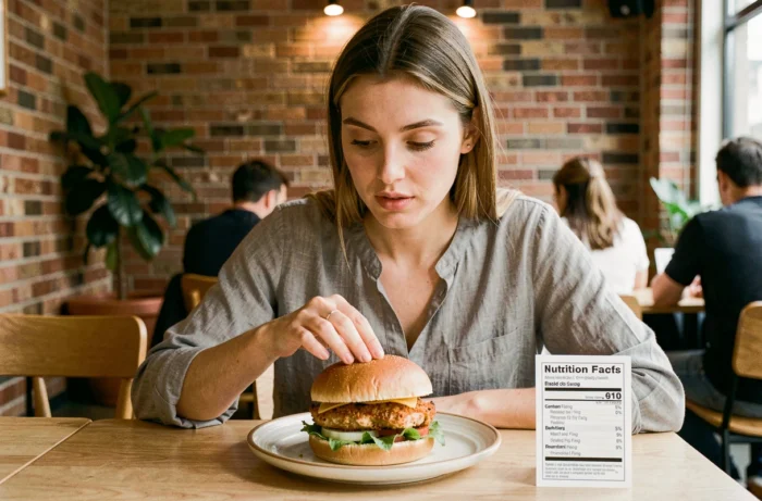 Jeune femme analysant les informations nutritionnelles d'un burger Pepe Chicken dans un café moderne