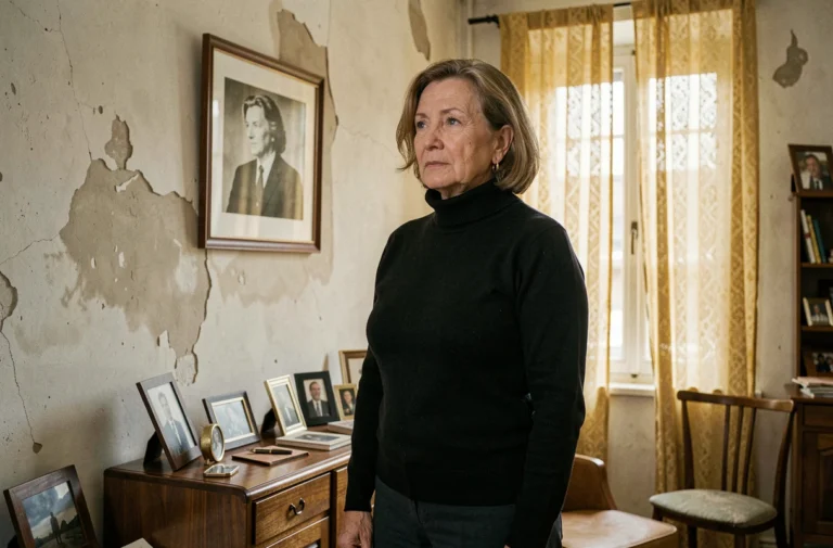 Femme d'âge mûr contemplant une photographie ancienne dans un appartement parisien chargé de souvenirs, évoquant l'héritage d'Édith Piaf et de sa fille Marcelle Dupont