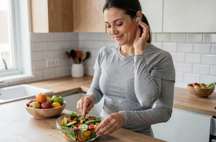 Femme en bonne santé portant un patch d'auriculothérapie tout en préparant un repas sain pour accompagner sa perte de poids