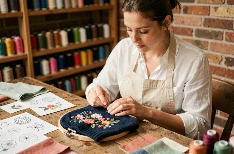 Femme brodant un bonnet en laine personnalisé avec des motifs floraux colorés dans un atelier de couture artisanal