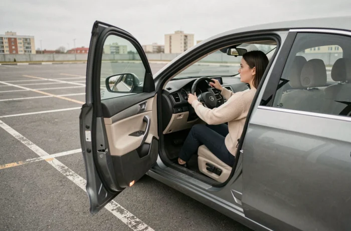 Femme au volant d'une voiture à traction avant dans un parking urbain vide, apprenant la conduite