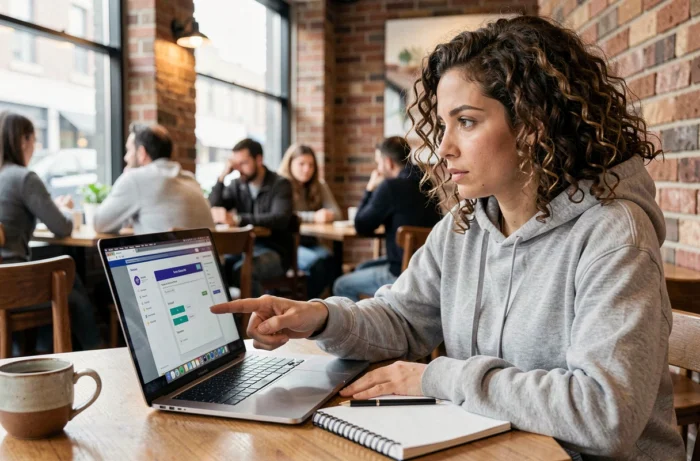 Femme concentrée configurant un compte blockchain sur son ordinateur portable dans un café, avec un carnet de notes ouvert