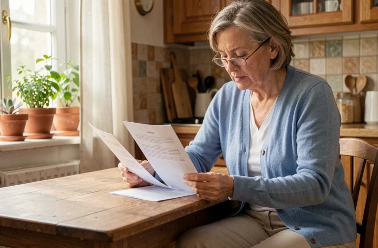 Femme de 60 ans consultant des documents médicaux à domicile dans le cadre du programme Prado CPAM