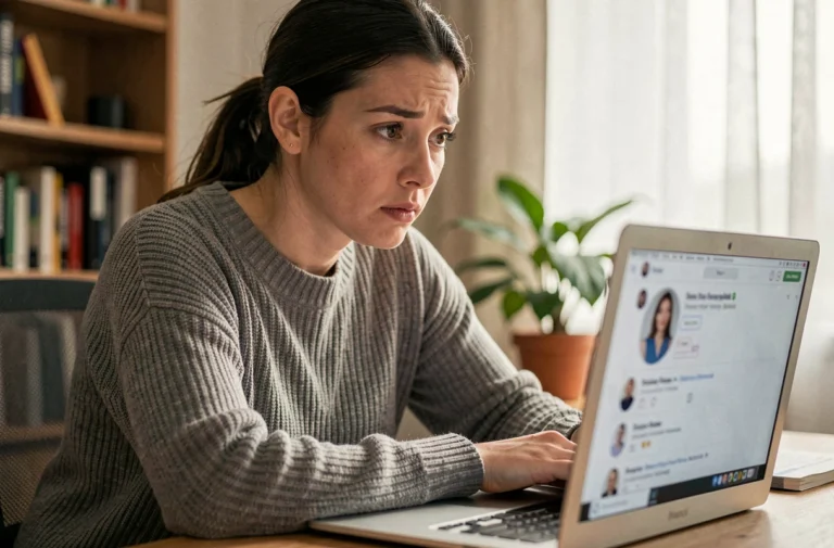 Femme curieuse regardant son profil Facebook sur un ordinateur portable pour savoir qui consulte sa page