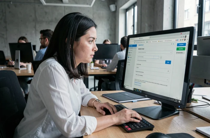 Femme dans un espace de coworking configurant les paramètres réseau sur un ordinateur de bureau