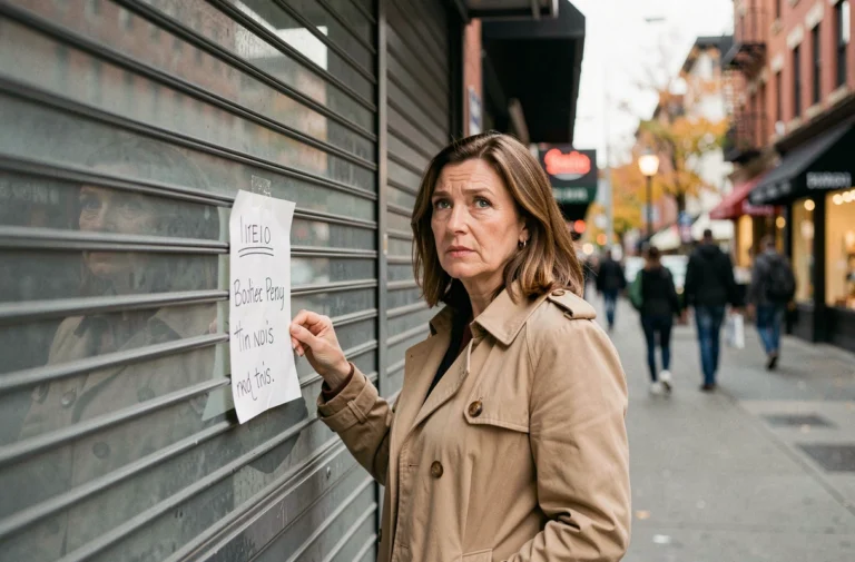 Femme devant une boutique fermée avec rideau métallique et avis affiché sur la porte, cherchant à savoir si la fermeture est temporaire ou définitive