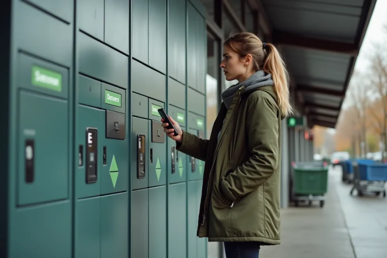 Femme frustrée devant un casier Vinted Go plein à l'entrée d'un supermarché