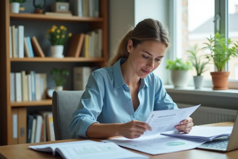 Femme consultant son dossier CSP à son bureau à domicile avant envoi à Pôle emploi