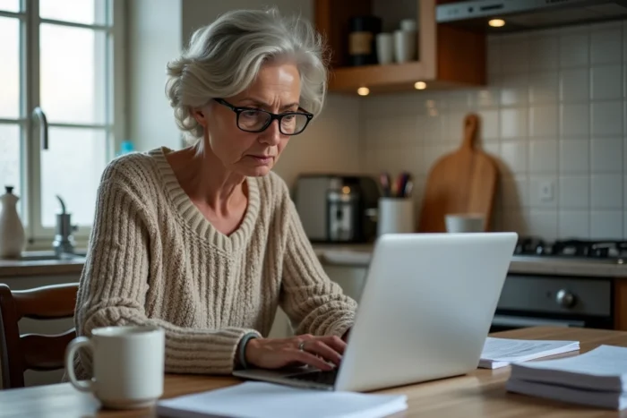 Femme transmettant son dossier CSP en ligne sur le site Pôle emploi depuis sa cuisine