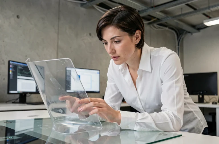 Femme explorant un prototype d'écran OLED flexible dans un laboratoire d'innovation technologique moderne
