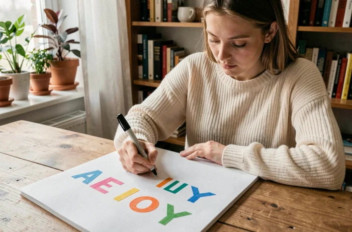 Jeune femme écrivant les voyelles A E I O U Y dans un cahier à son bureau en bois, ambiance studieuse et chaleureuse