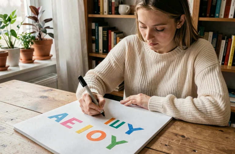 Jeune femme écrivant les voyelles A E I O U Y dans un cahier à son bureau en bois, ambiance studieuse et chaleureuse