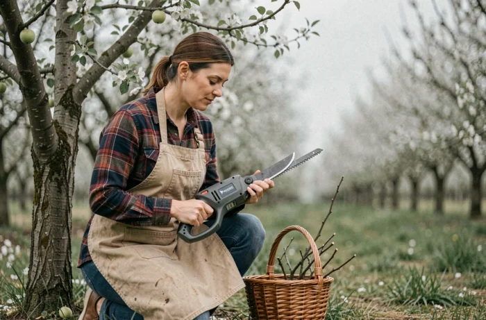 Femme inspectant la lame de son élagueuse électrique au pied d'un pommier dans un verger rural