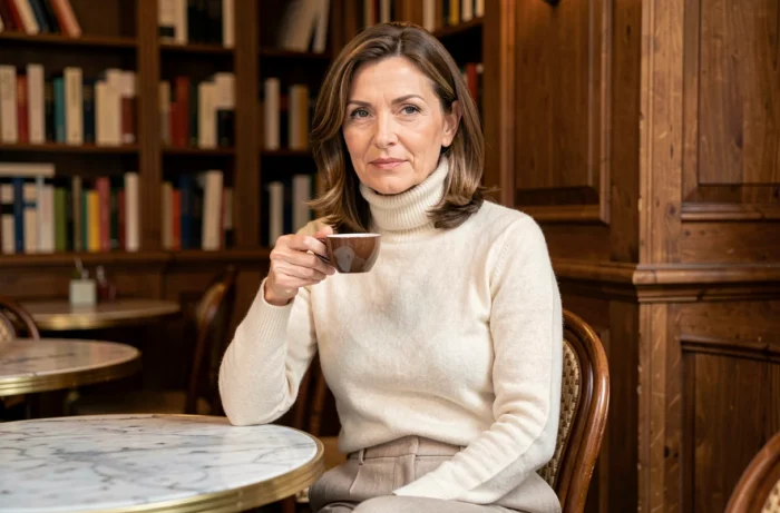 Femme élégante aux cheveux bruns assise dans un café parisien classique tenant une tasse d'espresso avec sérénité