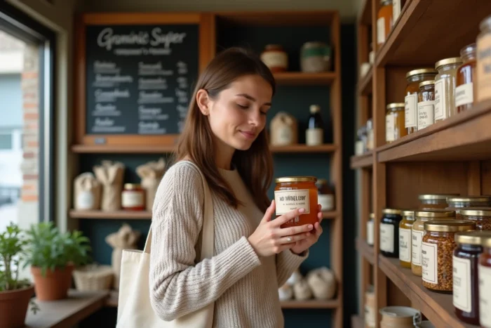 Jeune femme lisant l'étiquette d'un produit local dans une épicerie coopérative bio