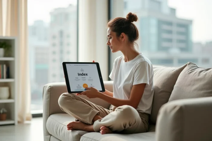 Femme consultant un index de site web sur une tablette dans un salon contemporain lumineux