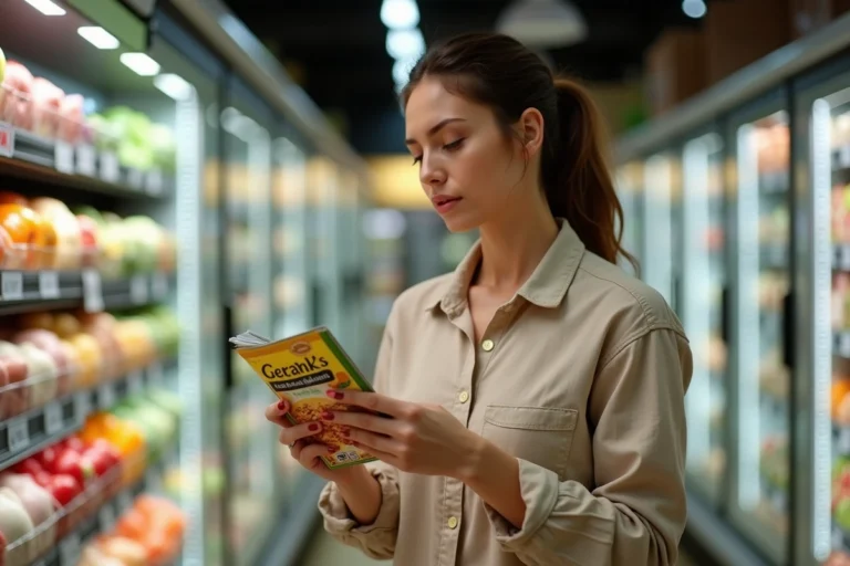 Femme lisant attentivement l'étiquette d'un produit alimentaire en supermarché pour détecter la présence d'oignons, allergie alimentaire