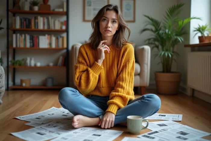 Jeune femme incrédule entourée d'articles de presse insolites dans un appartement cosy, expression amusée et étonnée