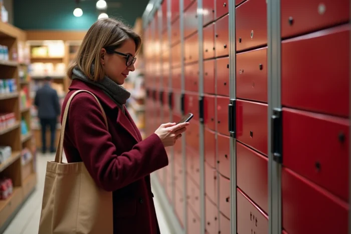 Femme cherchant une solution face à un locker Vinted Go complet dans une épicerie