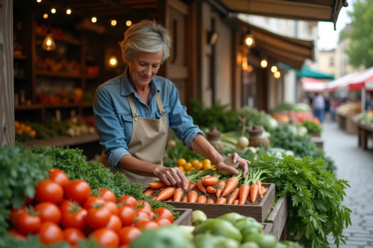 Femme choisissant des légumes frais et biologiques sur un marché local en plein air