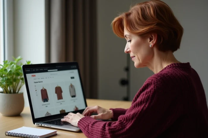 Femme d'une cinquantaine d'années naviguant sur un site e-commerce depuis son bureau à domicile, évoquant l'expérience moderne du catalogue de vente par correspondance