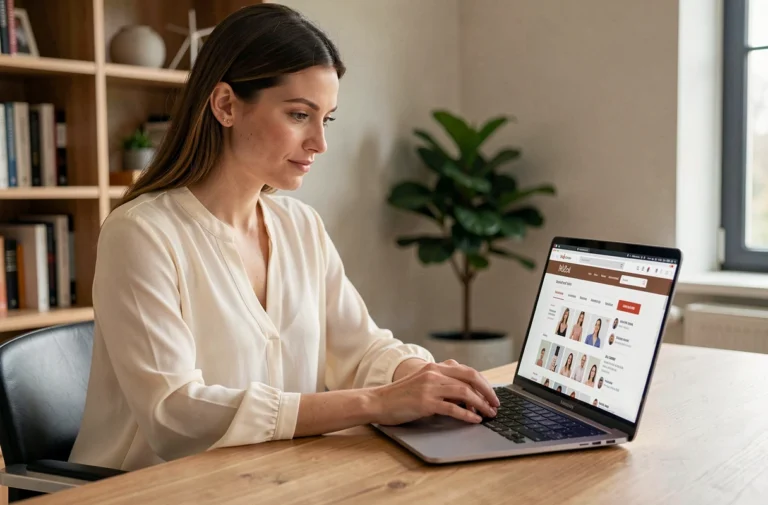 Femme naviguant sur le plan du site d'une marque de maquillage depuis son bureau à domicile