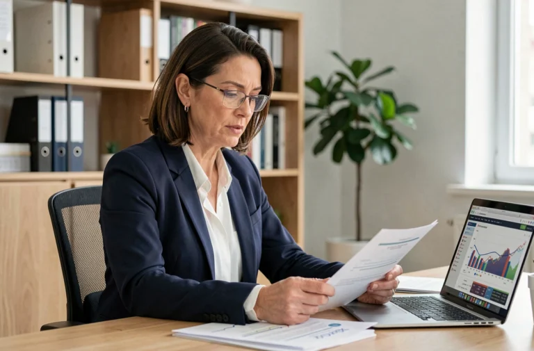 Femme professionnelle en blazer marine analysant des documents financiers et des graphiques sur un ordinateur portable dans un bureau moderne