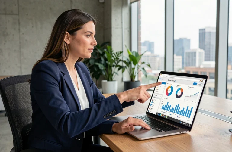 Femme professionnelle analysant des tableaux de bord de webmarketing sur un ordinateur portable dans un bureau moderne