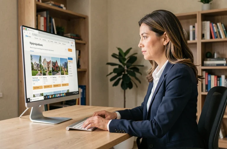 Femme professionnelle recherchant des services immobiliers en ligne depuis son bureau à domicile