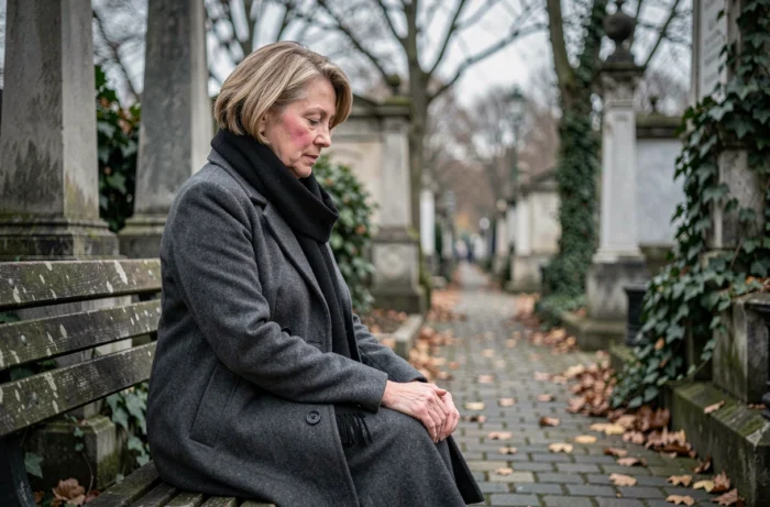Femme âgée assise au cimetière du Père-Lachaise à Paris, dans une pose de recueillement mélancolique, illustration du destin discret de Marcelle Dupont fille d'Édith Piaf