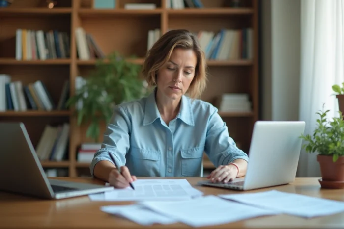 Femme consultant des documents de remboursement mutuelle à son bureau à domicile