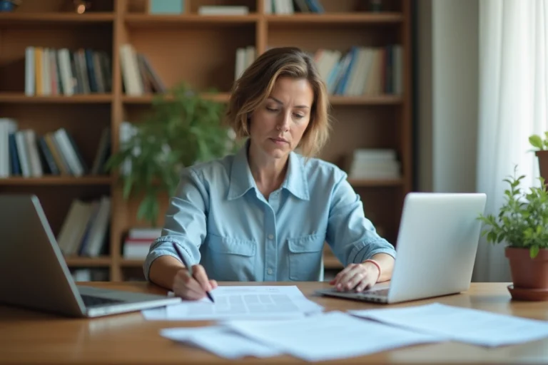 Femme consultant des documents de remboursement mutuelle à son bureau à domicile