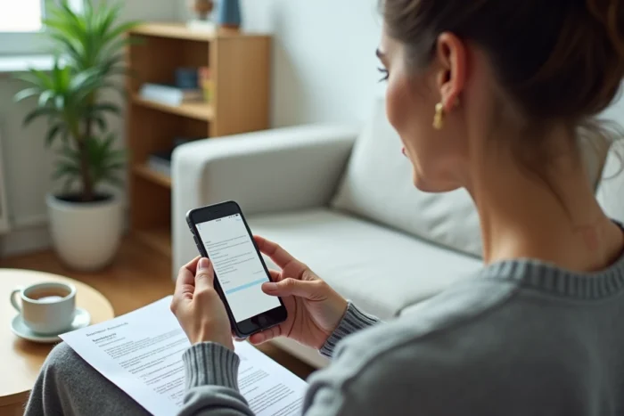 Une femme consulte son smartphone pour s'inscrire à Pajemploi et obtenir son numéro Siret en tant que particulier employeur