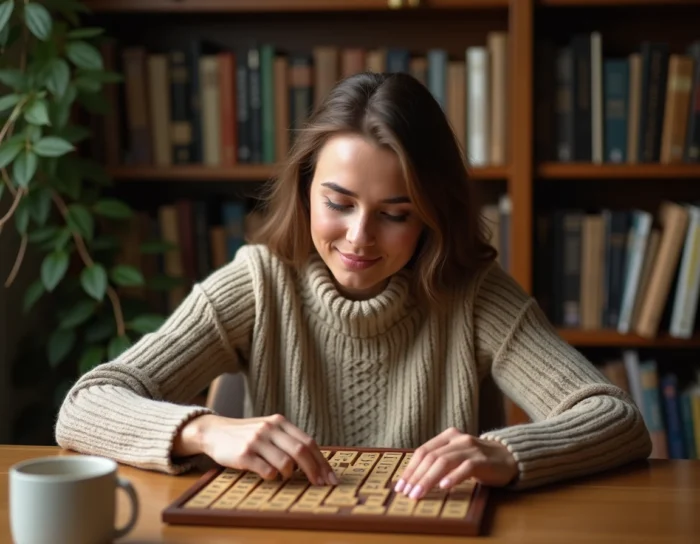 Femme concentrée jouant au Scrabble avec des stratégies de mots gagnants sur un plateau en bois