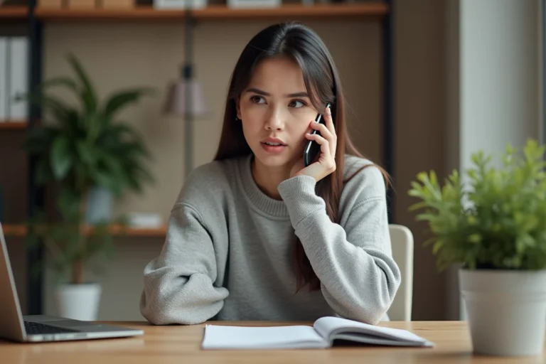 Femme contacting le service client Roomlala par téléphone depuis son bureau à domicile