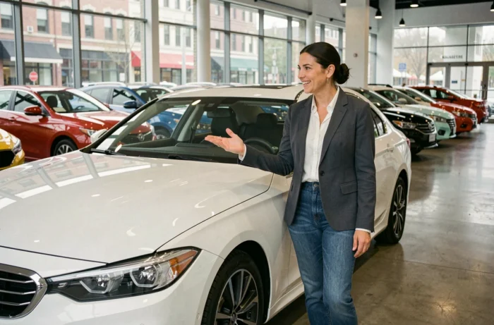 Femme souriante devant une voiture neuve blanche dans une concession automobile moderne