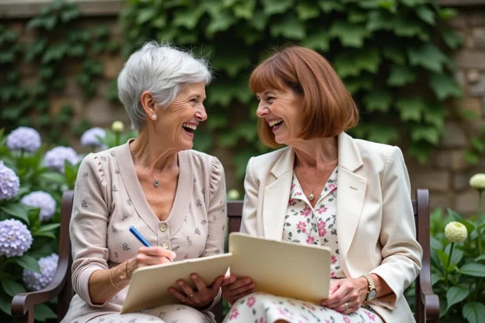 Deux femmes élégantes dans un jardin rédigeant un discours humoristique pour célébrer 50 ans de mariage