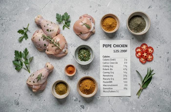 Flat-lay des ingrédients du Pepe Chicken avec épices, herbes et tableau des calories sur surface en pierre