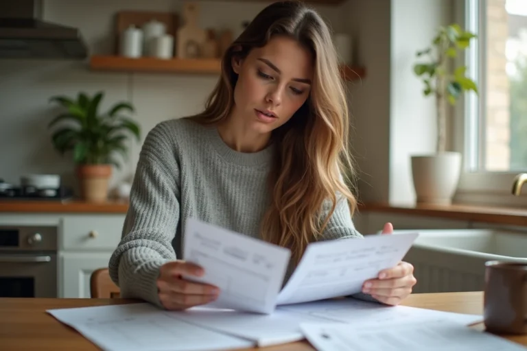 Femme consultant son budget personnel sur des feuilles imprimées à la table de sa cuisine