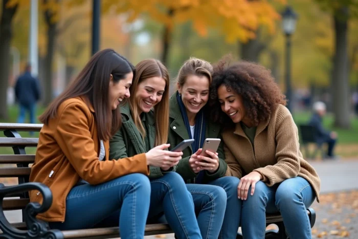 Groupe d'adultes réagissant avec surprise et amusement à une actualité insolite sur un smartphone dans un parc urbain