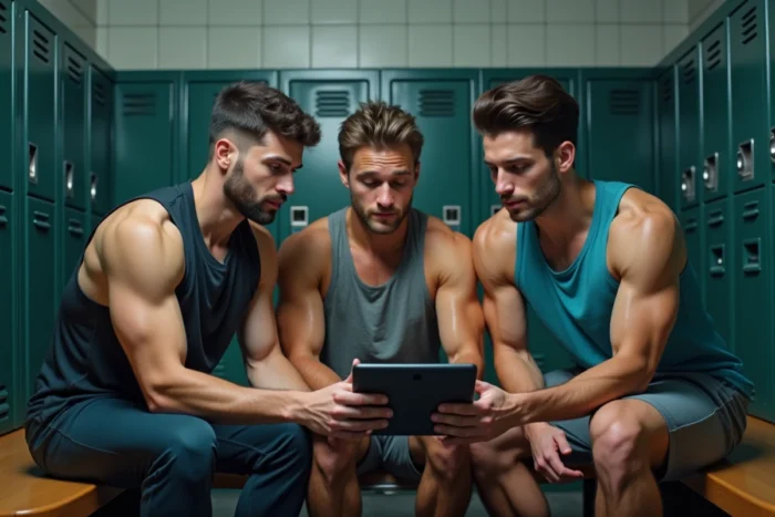 Groupe de sportifs explorant ensemble les pages proposées par Sportivoz sur une tablette dans un vestiaire