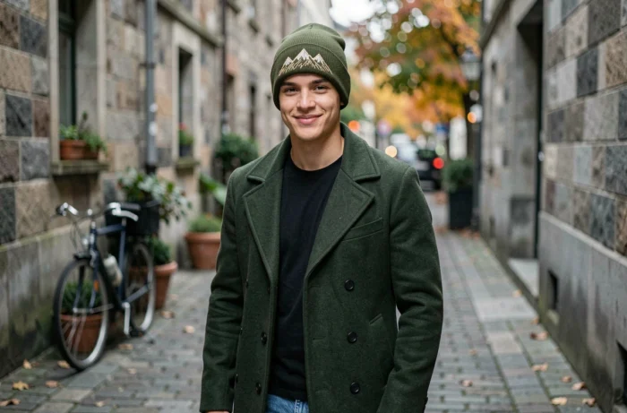 Jeune homme portant un bonnet brodé personnalisé avec un motif montagne en plein air dans une ruelle urbaine en automne